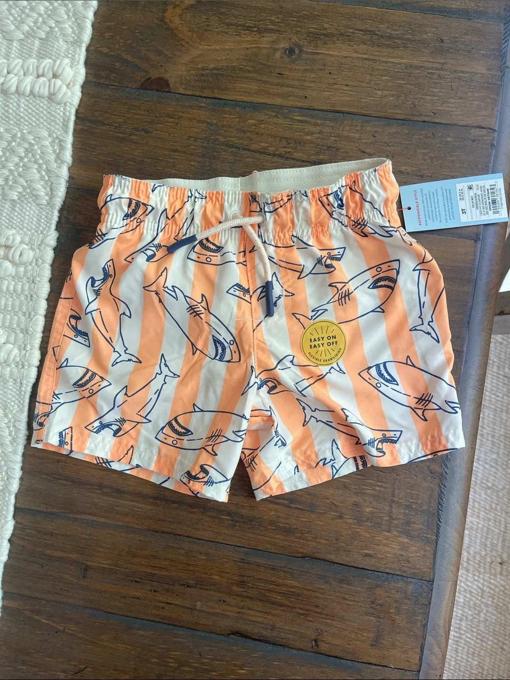 NWT- Cat & Jack Orange and White Shark Stripe Swim Trunks
